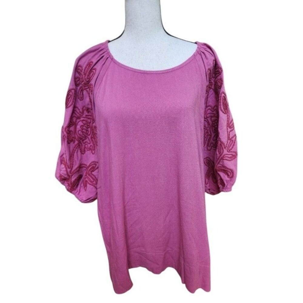 Umgee Linen Blend Embroidered Top Size Medium Balloon Sleeve Mauve